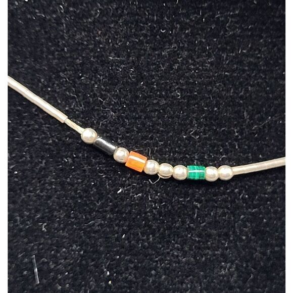 Native Sterling Silver Onyx Coral Malachite Choker Collar Necklace 16in - Picture 1 of 4